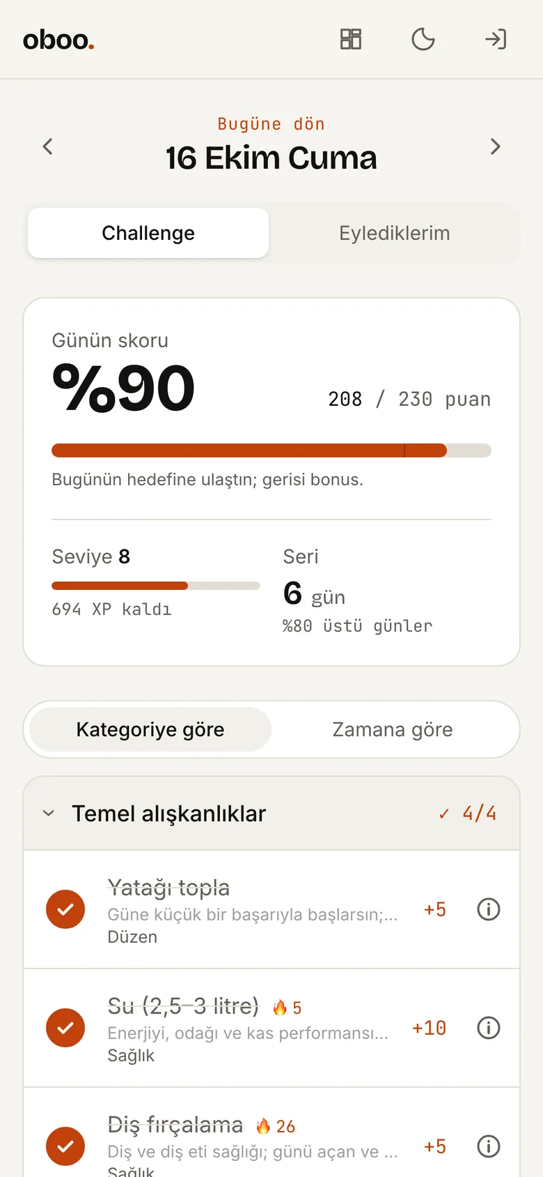 Oboo Challenge ekranı: günün skoru %90